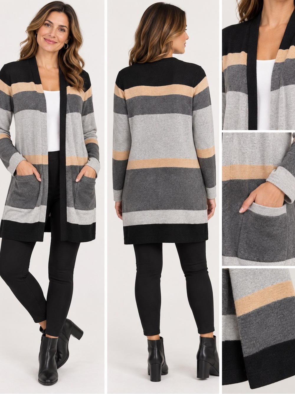 Chico's Cotton blend Striped Open Front Cardigan - Black, Gray, Tan 8